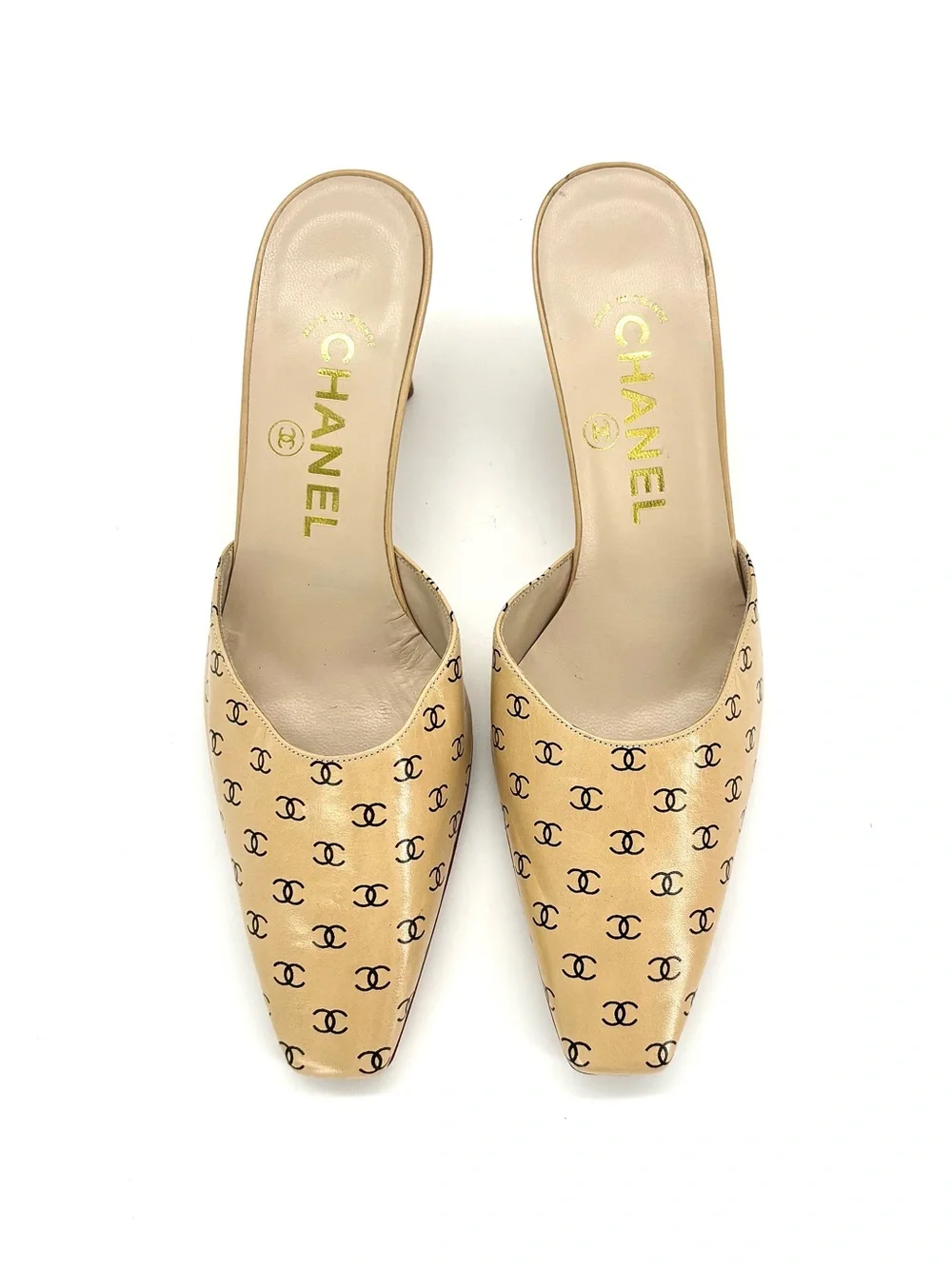 Chanel Vintage Lagerfeld CC Print Pointed Toe Kitten Heel Mules Slip On Pumps 36